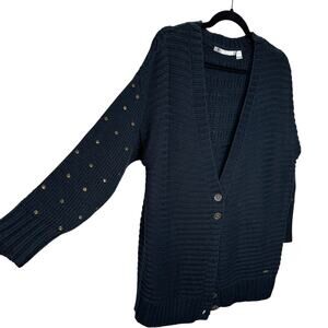 Volcom Black Knit Cardigan Gold Studded Sleeves Front Gold Buttons XS / S